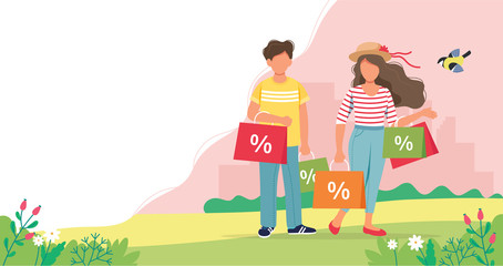 Man and woman with shopping bags, spring sale concept. Cute vector illustration in flat style.