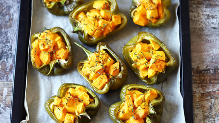 Baked green peppers stuffed with pumpkin. Vega diet. Healthy food. Food for weight loss.