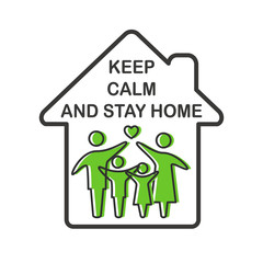 Keep calm and stay home concept vector illustration..Coronavirus Covid-19, quarantine motivational poster. Family of adults and kids stay at home to reduce risk of infection and spreading the virus..