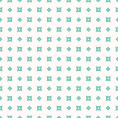 Simple floral geometric texture. Vector minimalist seamless pattern with tiny flowers, crosses, small squares. Turquoise and white color. Abstract minimal repeat background. Design for decor, fabric
