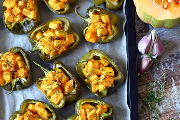 Baked green peppers stuffed with pumpkin. Vega diet. Healthy food. Food for weight loss.
