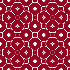 Simple geometric floral pattern. Vector seamless texture with small flowers, circles, round grid. Abstract minimal background in burgundy and white color. Repeat design for decor, fabric, furniture