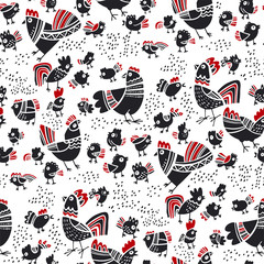 Fun folk Easter chicken seamless pattern