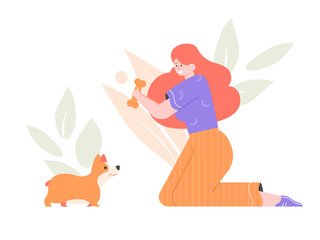 Cute girl character with a friendly little welsh corgi. Games and training. Adorable pet dog. Vector flat illustration.