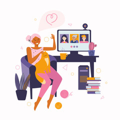 Woman communicates with friends and relatives through online video communication. Spending time at home. Desktop computer with group of people taking part in video conference. Video call to friends.