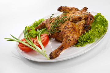Roast chicken isolated on white background. Chicken tobacco