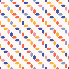 Vector geometric seamless pattern with colorful elements, diamonds, rhombuses. Simple abstract minimal ornament. Cute funky background texture. Repeat design for decor, fabric, print, wallpaper, cloth