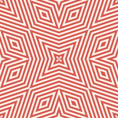 Vector geometric lines seamless pattern. Abstract linear background in white and red color. Graphic texture with stripes, diagonal lines, rhombuses, stars, repeat tiles. Modern design for decor, print