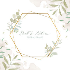 Wedding invitation card template with golden watercolor floral