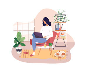 Freelancer working on laptop at home, remote job. Young girl studying from home, e-learning concept. Comfortable conditions for work during the quarantine. Online shopping. Vector illustration.