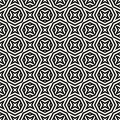 Vector abstract monochrome seamless pattern with geometric shapes, stripes, lines, stars, octagons. Black and white texture. Creative modern design. Stylish geometrical background. Repeat ornament