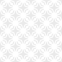 Vector abstract ornamental geometric seamless pattern. Subtle light gray and white texture with diamonds, floral shapes, stars, grid, mesh. Simple ornament background in oriental style. Repeat design