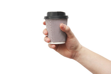 Cardboard cup in hand on a white background