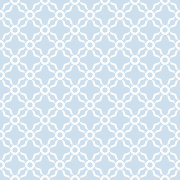 Abstract geometric seamless pattern. Subtle light blue and white ornamental background. Simple minimal ornament with floral shapes, net, lattice, mesh, grid. Delicate repeat geo texture. Cute design