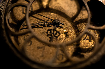An obsolete clock mechanism, old clock, rusty gears, broken, lost time.