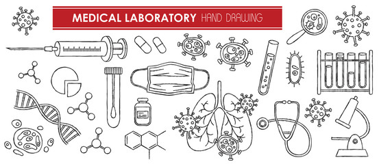 Medical Laboratory hand drawn vector medical illustration. Doodle epidemiology concept. Coronavirus pandemic risk design