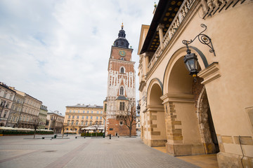 Fototapeta na wymiar Cracow, Town Hall Tower, Poland's historic center, a old town with ancient architecture. Quarantine in the city