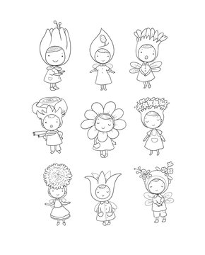 Cute cartoon flower fairies. Forest gnomes. Fairytale creatures. Funny kids