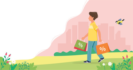 Fototapeta na wymiar Man with shopping bags, spring sale concept. Cute vector illustration in flat style.