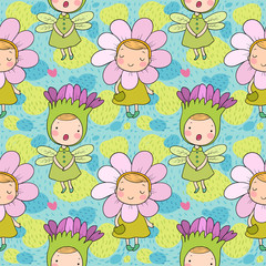 Pattern with Cute cartoon flower fairies. Forest gnomes. Fairytale creatures. Funny kids