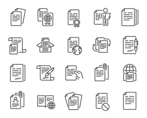 Documents line icons. Copy files, Contract agreement, Passport. CV interview, documents workflow, attachment clip icons. Change files, wrong document, bureaucracy and contract signature. Vector
