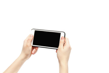 Phone in hands on a white background