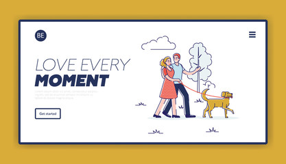 Website Landing Page. Happy People Lead Healthy Lifestyle And Have A Good Time Together. Characters Are Walking In City Park With Dog. Web Page Cartoon Linear Outline Flat Style. Vector Illustration