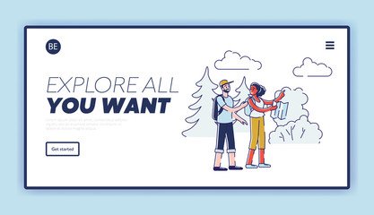 Concept Of Hiking And Camping. Website Landing Page. People Have A Good Time Outdoor. Male And Female Characters Going Hike In Woods. Web Page Cartoon Linear Outline Flat Style. Vector Illustration