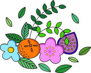 Vector of floral bouquet design: pink flower and  creamy powder blue pale floral with colorful orange fruit, anymore Eucalyptus and olive branch greenery leaves and lavender color of fig fruit. Decora