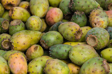close up of the traditional prickly pear (Opuntia ficus-indica) of Madeira island in a market of Funchal city, Portugal