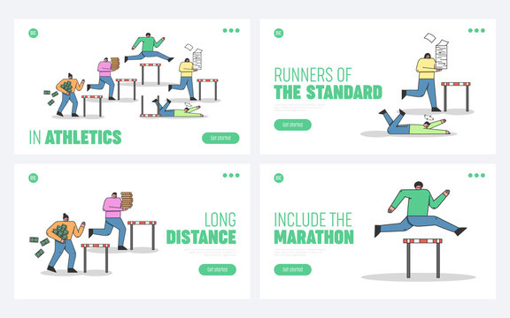 Website Landing Page. Business People Are Overcoming Different Barriers On Their Work Process. Metaphor Of Business Like Steeplechase. Web Page Cartoon Linear Flat Style. Vector Illustrations Set