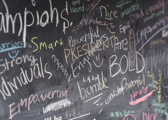 Fototapeta na wymiar Writing messages on black chalkboard with chalk 