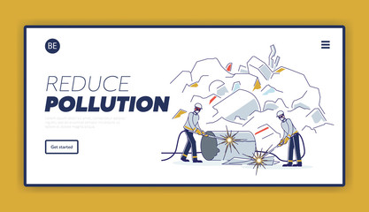 Recycling Plant For Old Broken Metal Things. Website Landing Page. Men Work On Junkyard Cutting Scrap Metal With Torch For Recycling. Web Page Cartoon Linear Outline Flat Style. Vector Illustration