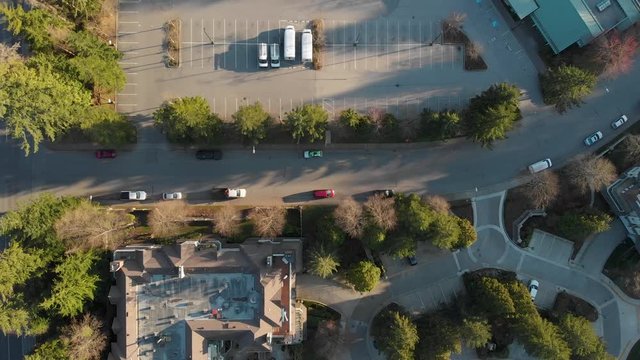 An aerial drone shot of a North Vancouver recreatiion center that was closed down due to quarantine measure taken in light of the Coronavirus pandemic. 24FPS 4K.