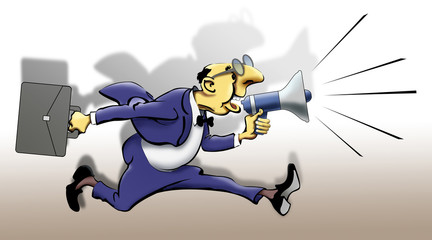 A cartoon human Manager runs with a megaphone in his hands.