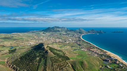 Aerial view of Porto Santo island with "Pico de Ana Ferreira" as foreground, Porto Santo, Madeira, Portugal
