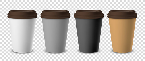 Vector 3d Realistic Disposable Closed Paper, Plastic Coffee Cup for Drinks with Brown Lid Set Closeup Isolated on Transparent Background. Design Template, Mockup. Front View