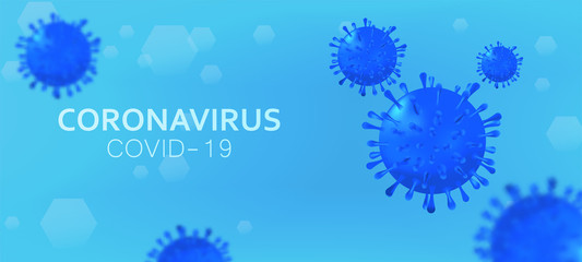 Coronavirus background with 3D bacteria and blur effect. Deadly type of virus Covid-19, science concept banner. Infection pathogen sci background. Vector illustration coronavirus