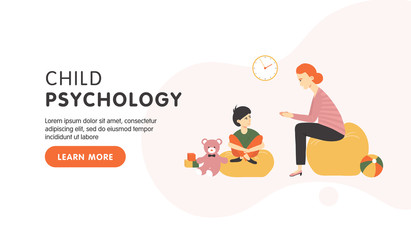 Child psychology landing page. Psychiatrist has conversation with boy. Family psychotherapy session for children with mental problems. Vector flat cartoon illustration