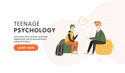 Teenager psychotherapy landing page design. Professional psychologist speaking with teenage patient. Vector flat cartoon illustration