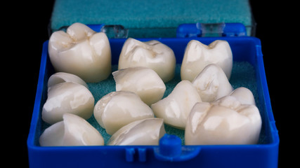 dental ceramic crowns made of ceramic in a special blue case