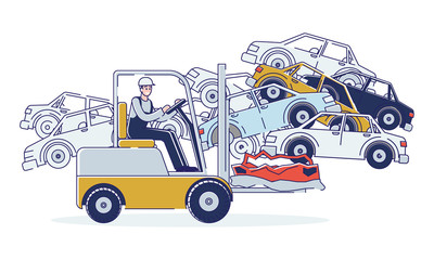 Concept Of Utilization Of Vehicles. Man Is Working On Junkyard Sorting Old Used Automobiles And Piles of Damaged Cars. Character Working On Forklift. Cartoon Linear Outline Flat Vector Illustration