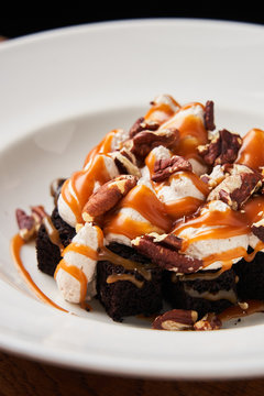 Stylish desserts with brownie and caramel