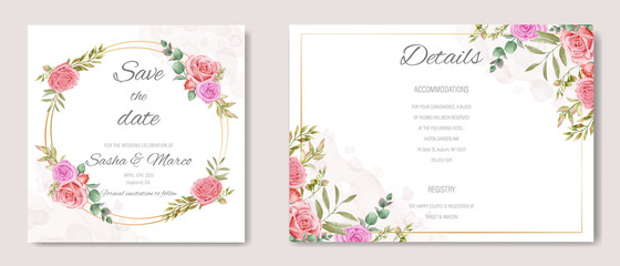 Fototapeta na wymiar Romantic wedding invitation template with watercolor leaf ornament and gold frame
