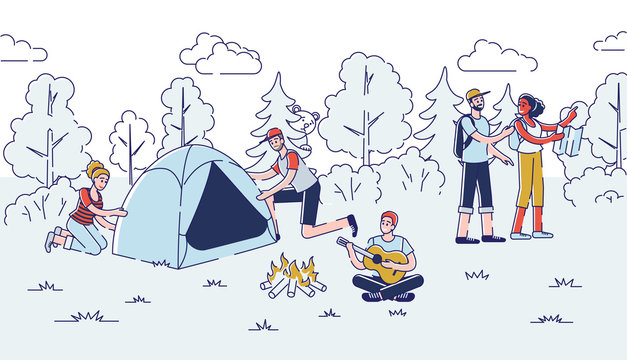 Camping Concept. People Have A Good Time Outdoor. Cheerful Characters Pitching The Tent, Going On Hike, Playing The Guitar And Singing The Songs. Cartoon Linear Outline Flat Vector Illustration