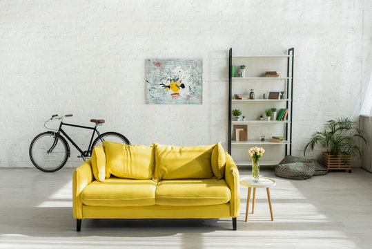 Sofa, Bicycle And Rack In Modern Living Room