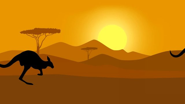 Silhouettes of the kangaroo jumping in the savanna, animation with kangaroos