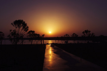  landscape with a road leading to the setting sun over the sea