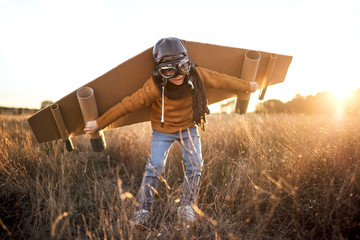 Happy kid in goggles and cardboard wings raising hands during game on field in backlit