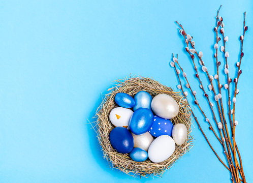 Easter eggs of blue flowers in a decorative nest of straw and pussy-willow branches on a blue background, copy space, flat lay